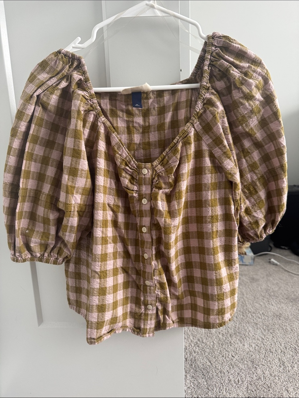 Universal Thread Pink and Olive Green Gingham Puff Sleeve Button Front Blouse